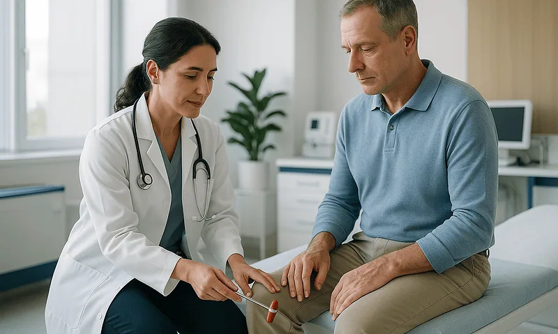 Doctor examining patient's hand in a hospital room at Acibadem Hospitals Group.