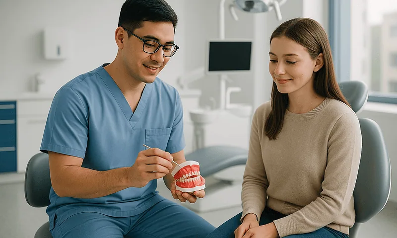 Dentist explaining gum health to a patient in a dental clinic.
