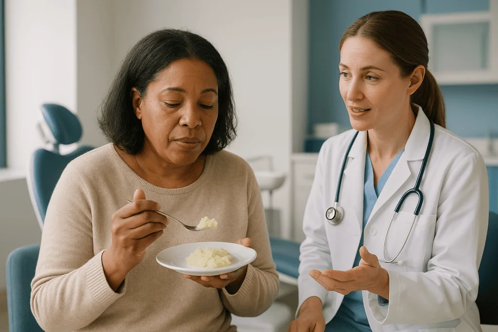 Doctor consulting patient about food/diet in clinical setting: Gum contouring recovery time: what the first days and weeks u