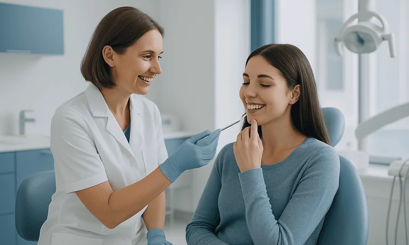 Dentist examining a young woman's smile in a dental clinic.