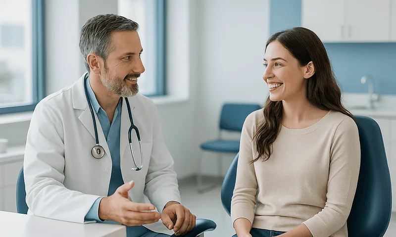 Dentist consulting with a patient in a modern clinic setting.