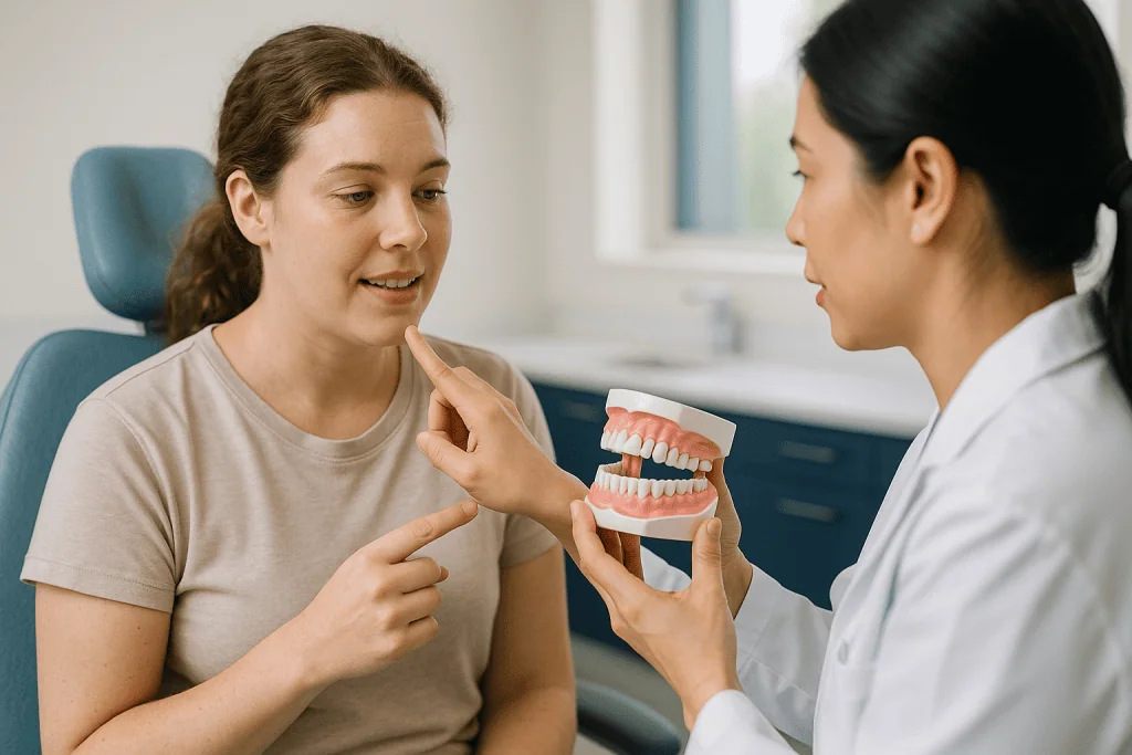 Dentist consulting patient with dental model: Gum contouring vs crown lengthening: the side-by-side view