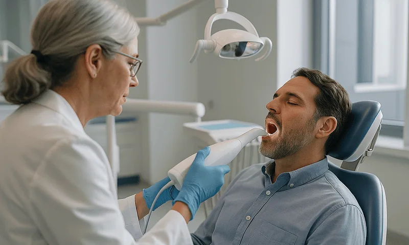 Dentist examining patient's mouth in a dental clinic setting.