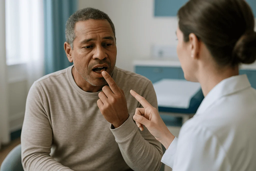 Two people in conversation, one gesturing to mouth: Gum graft warning signs: bleeding that should be reported