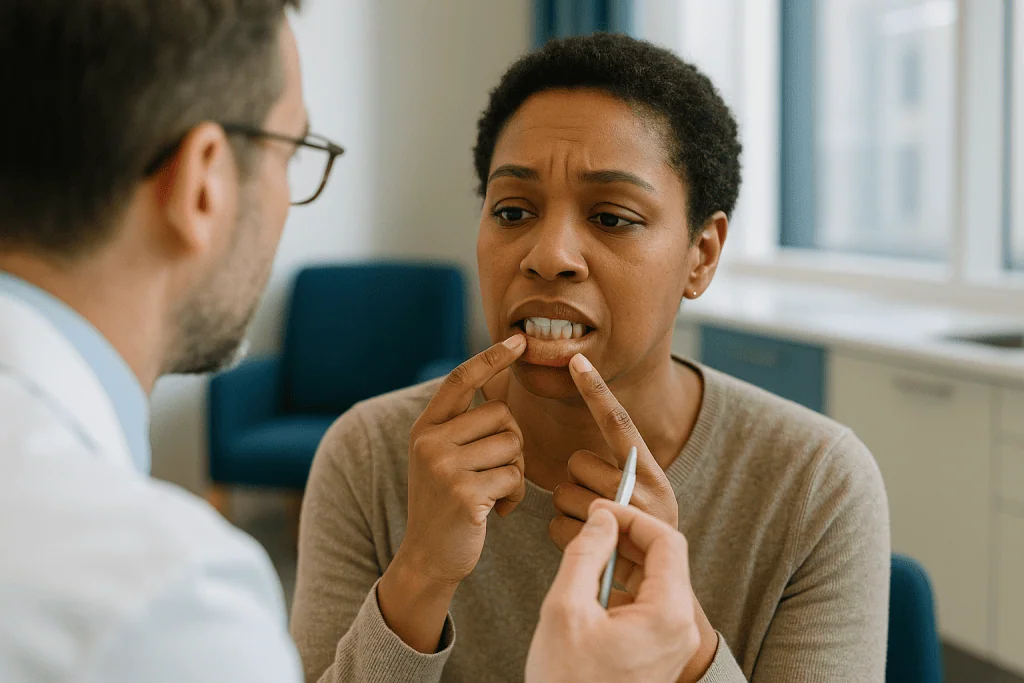 Patient discussing dental concern with male dentist in clinic — Gum irritation after whitening: the white patches explained