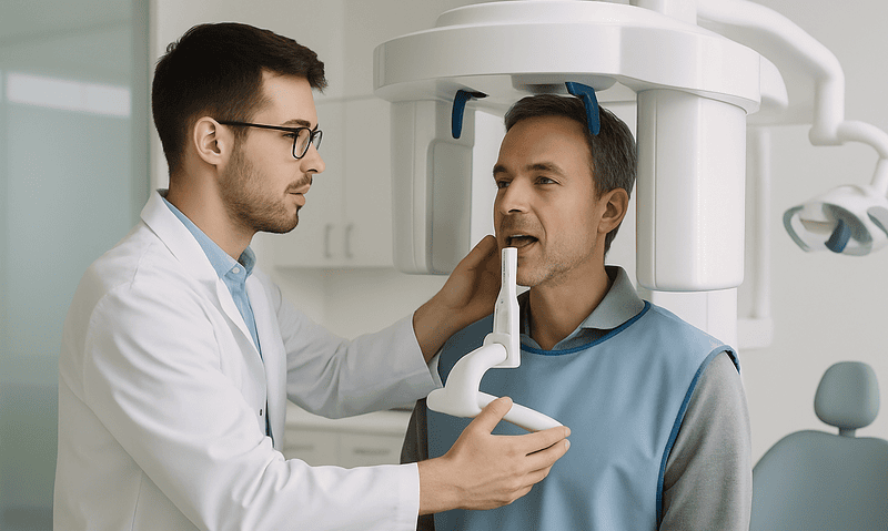 Dentist examines patient's mouth using dental X-ray equipment in clinic.