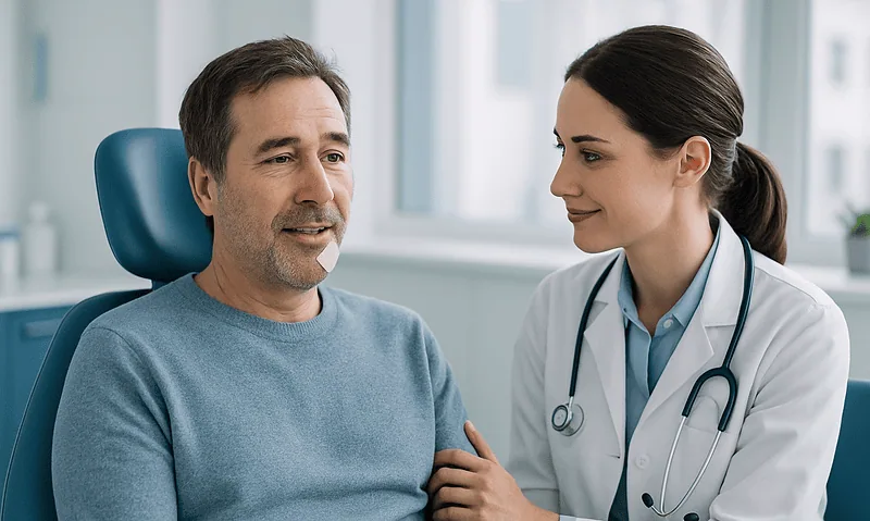 Doctor consulting with male patient in a medical office.