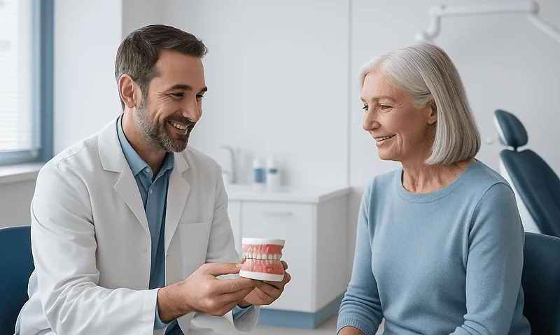 Dentist explaining gum grafting to an elderly patient in a dental clinic.