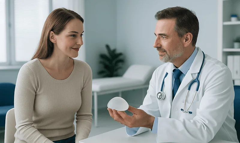 Doctor explaining gummy bear implant to a patient in a clinic setting.