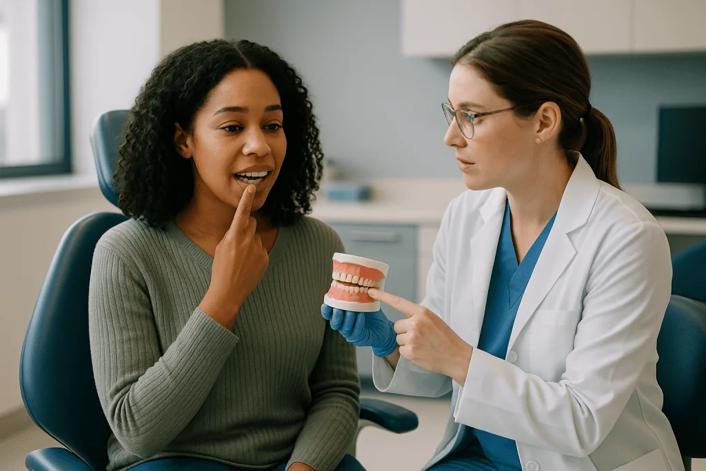 Dentist consulting patient about dental model: Gummy smile causes: how dentists work out where the extra gum is coming from