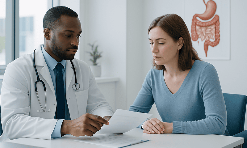 Doctor consulting with a patient about gut health in a modern clinic.