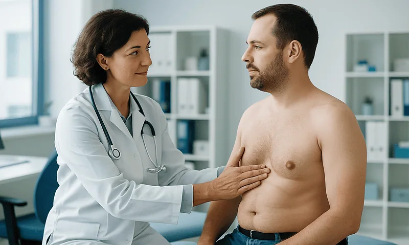 Doctor examining male patient's chest for gynecomastia assessment.