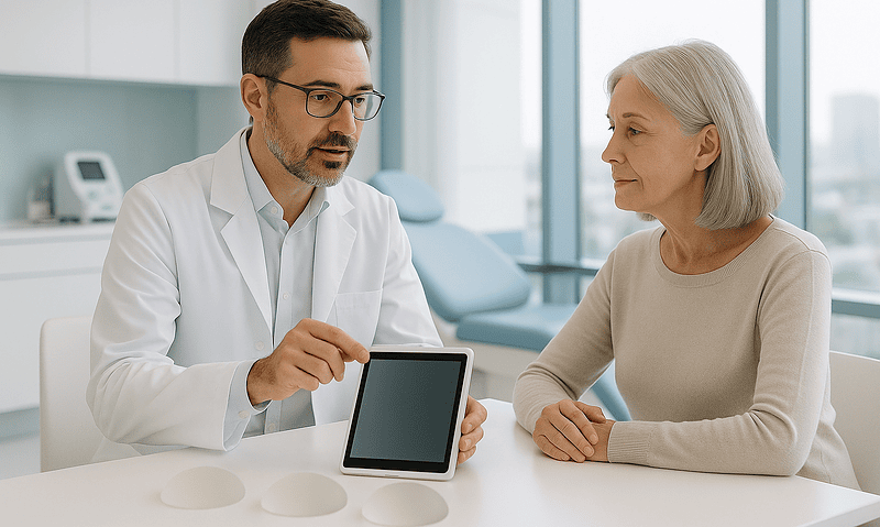 Doctor explaining treatment options to an elderly woman in a medical consultation.
