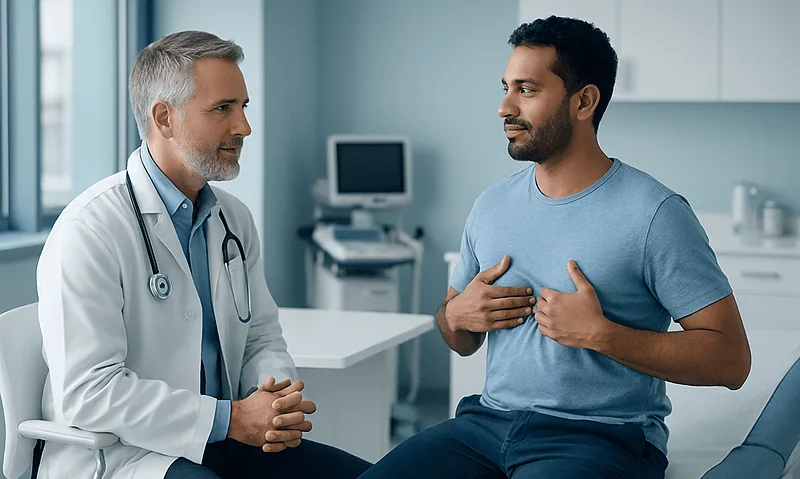 Doctor consulting with a male patient in a medical office.