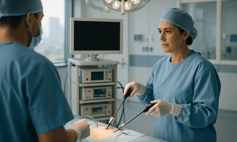 Surgeons performing gynecologic laparoscopy in a modern hospital operating room.