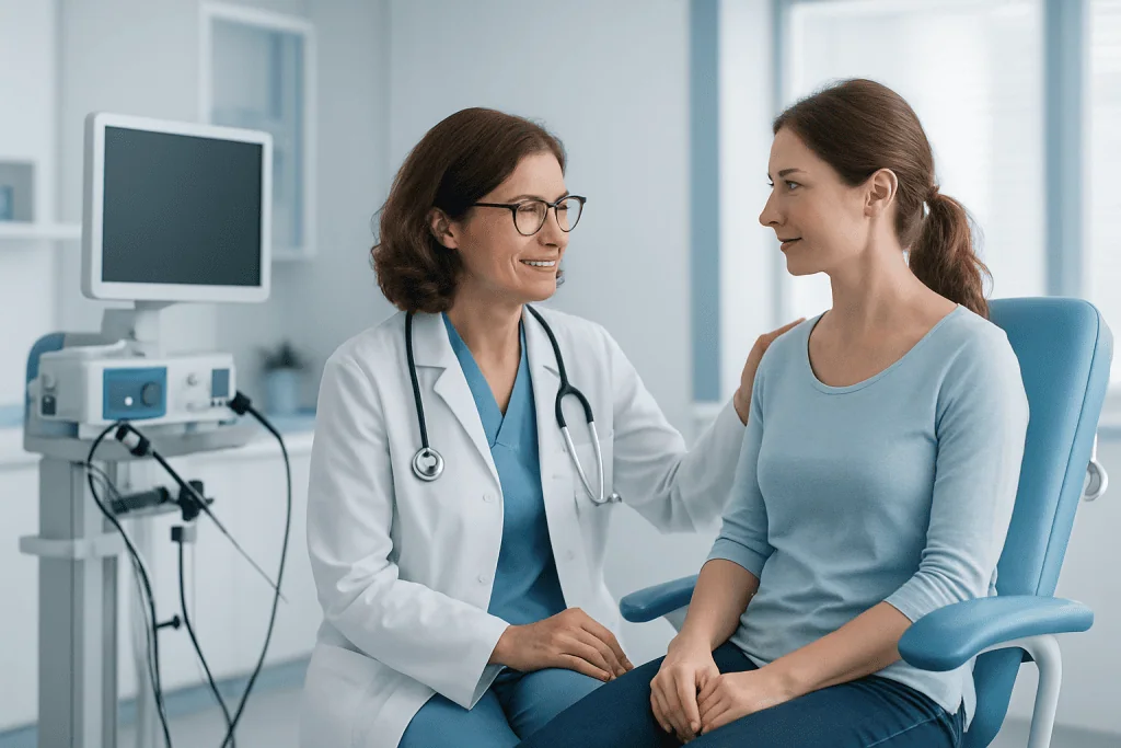 Gynecologic Laparoscopy 1 Gynecologist consulting with a patient in a medical office.
