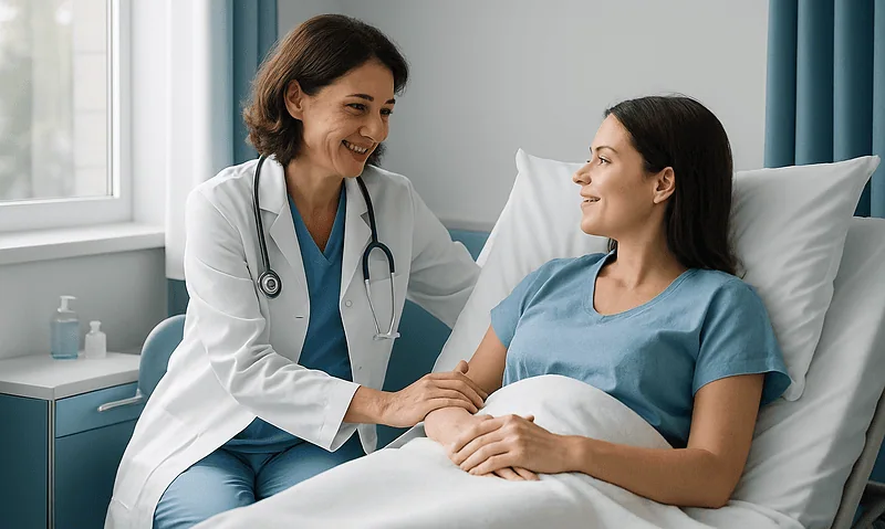 Doctor comforting a patient after gynecologic laparoscopy surgery.
