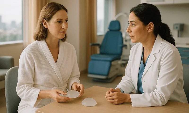 Doctor consulting with patient about gynecomastia surgery options at Acibadem Hospital.