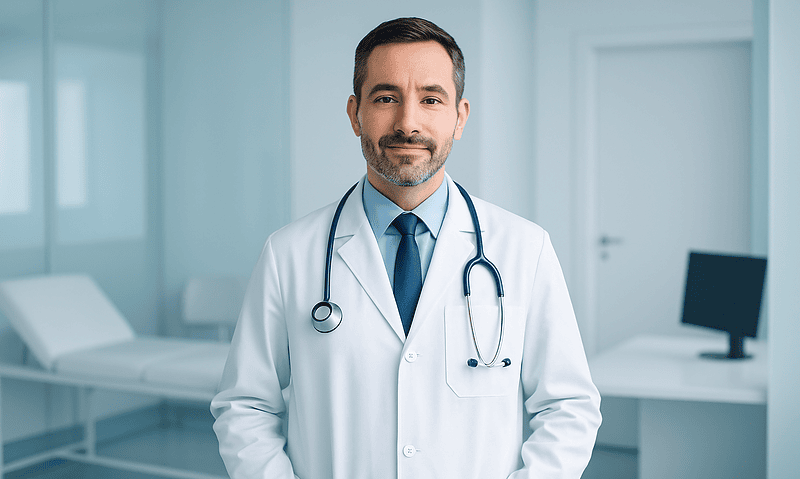 Male doctor in white coat with stethoscope in hospital room.
