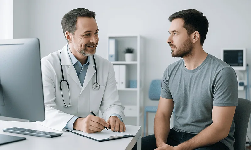 Doctor consulting with a male patient in a medical office.