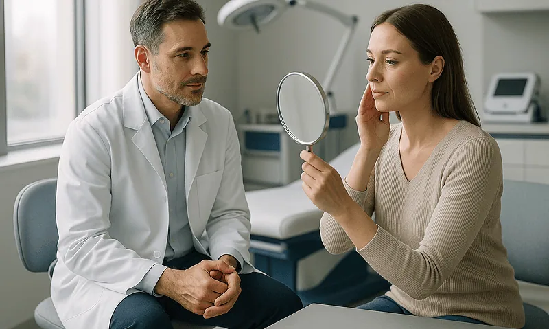 Patient consulting with doctor about gynecomastia treatment options in Turkey.