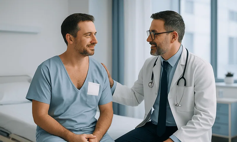Doctor consulting with male patient in hospital room.