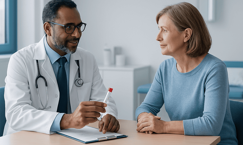 Doctor explaining H. pylori testing options to a patient in a clinic.