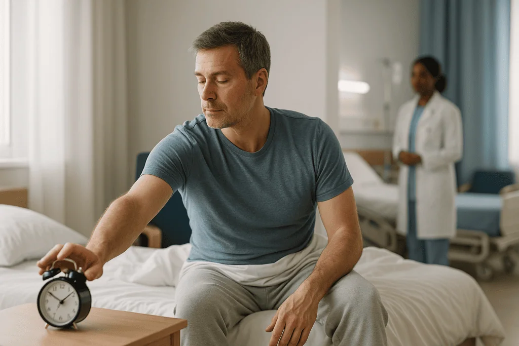 Middle-aged man waking up, checking alarm clock in hospital bed: Habit 1: Anchor your wake time: it matters more than bedti