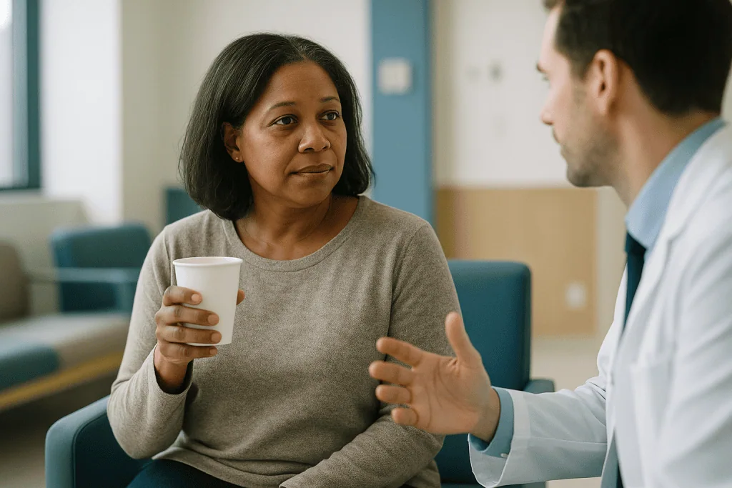 Two people in casual conversation holding coffee cup: Habit 3: Move your caffeine cutoff earlier than you think