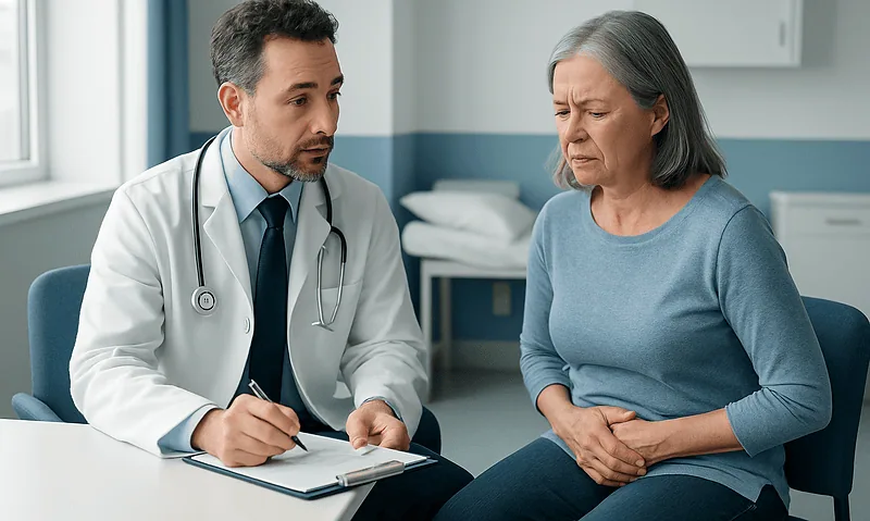 Doctor consulting with an elderly woman about hemorrhoid symptoms in a clinic.