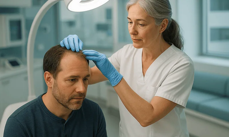 Doctor examining male patient's scalp in a clinical setting.