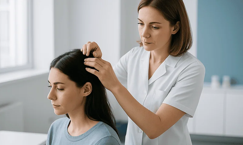 Doctor examining woman's scalp for hair growth assessment.