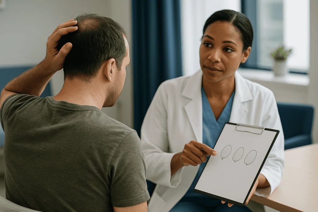Doctor showing patient assessment results on clipboard: Hair growth cycle explained: the biology behind the wait