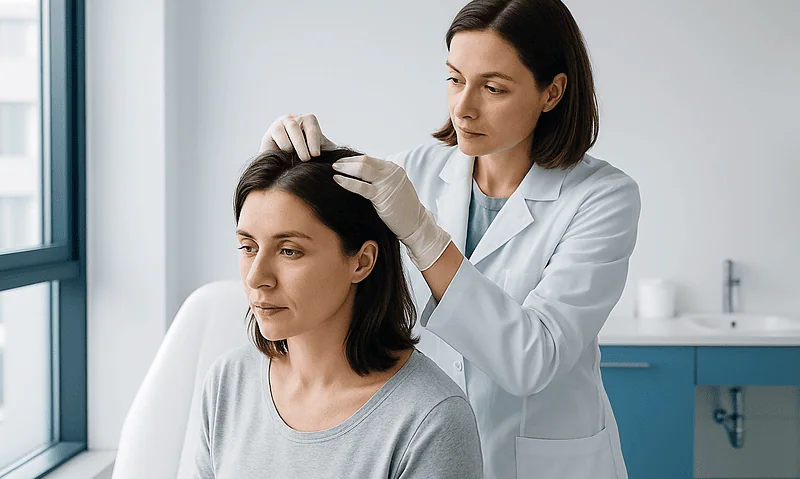 Doctor examining woman's scalp for hair loss assessment at clinic.