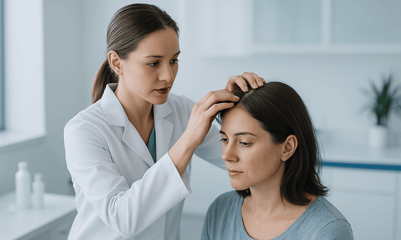 Dermatologist examining woman's scalp for hair loss diagnosis.