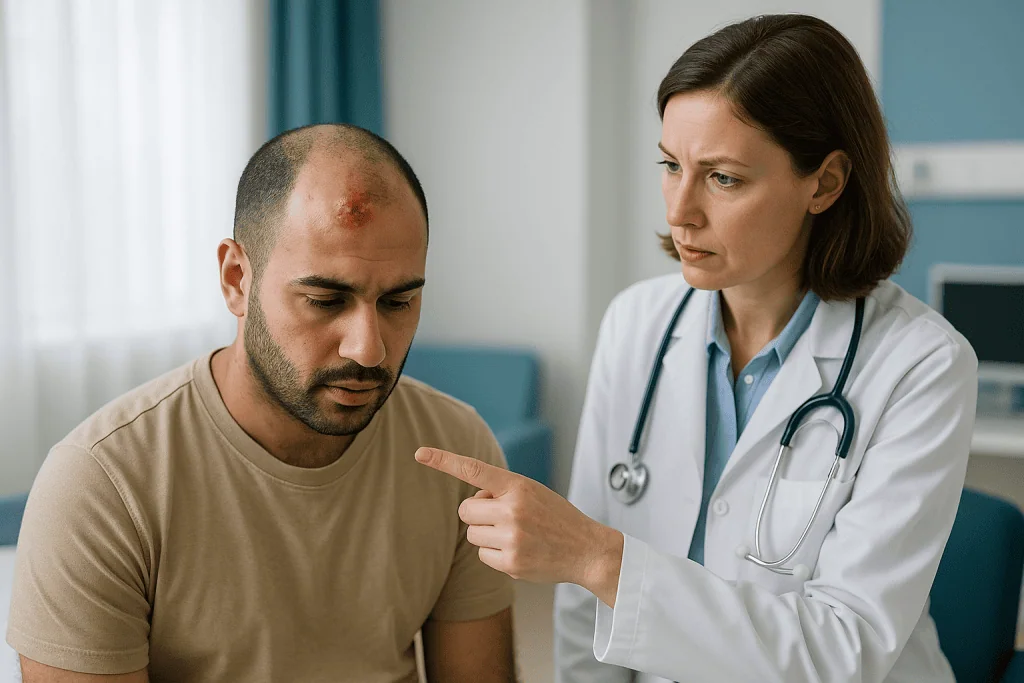 Doctor examining patient's arm or shoulder during consultation: Hair operation warning signs of infection: how it behaves di