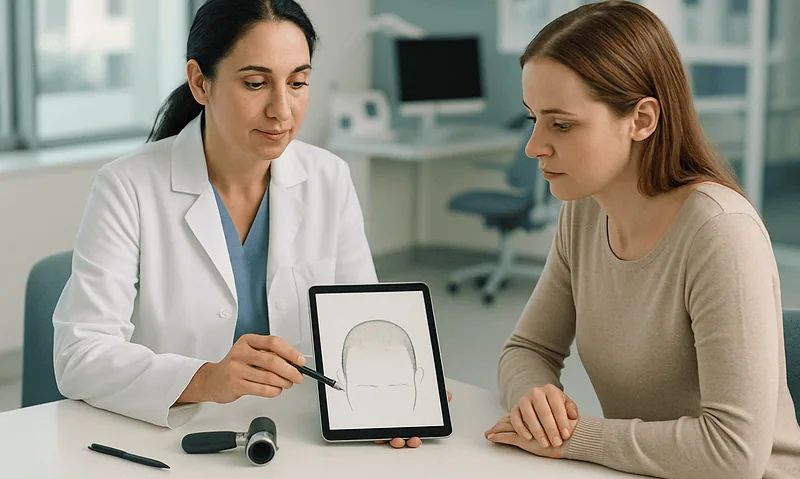 Doctor explains hair transplant options to patient using digital scan.
