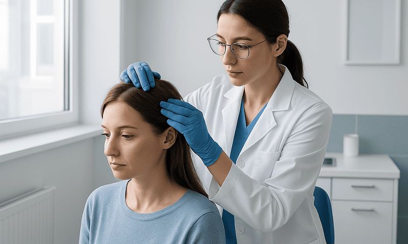 Doctor examining patient's scalp in a clinical setting.