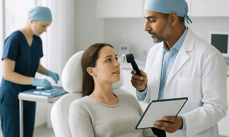 Doctor examining patient after hair transplant at Acibadem Hospital.
