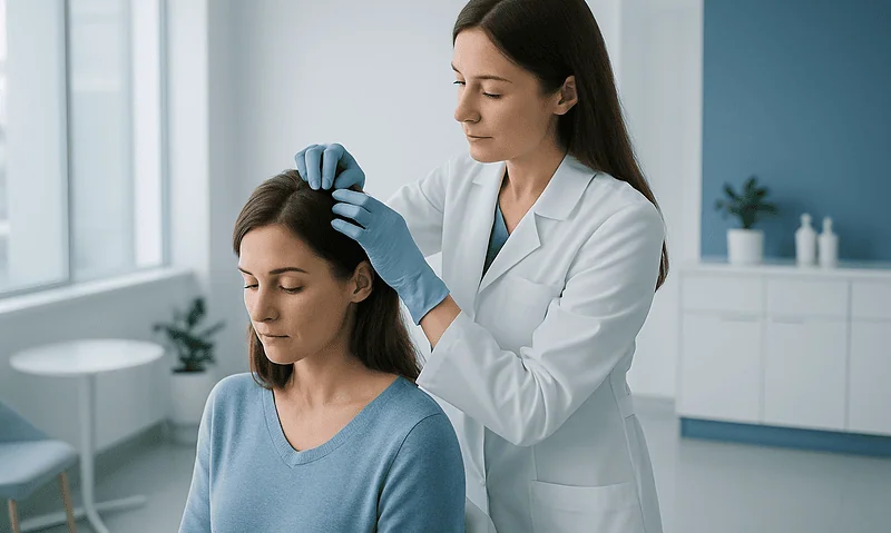 Medical professional examines patient's scalp in a clinical setting.