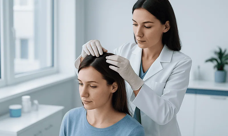 Medical professional performing a hair transplant consultation in a clinic.