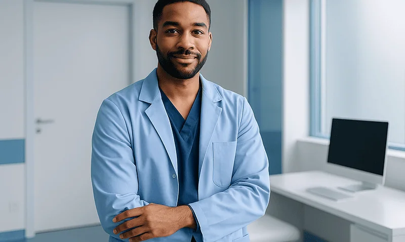 Medical professional in a modern clinic with a computer and bright lighting.