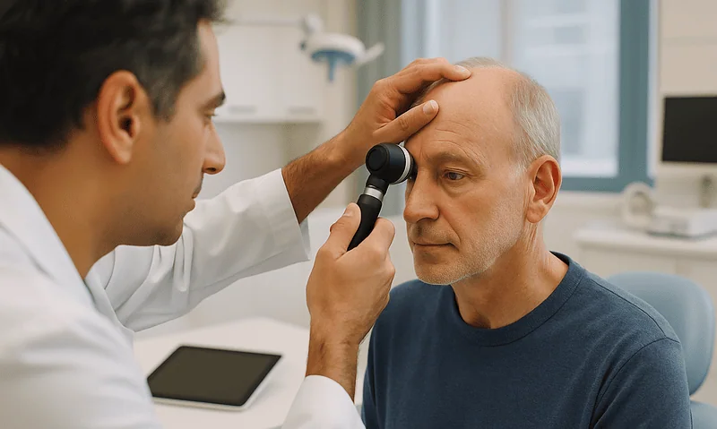 Doctor examining male patient's scalp with a dermatoscope in clinic.