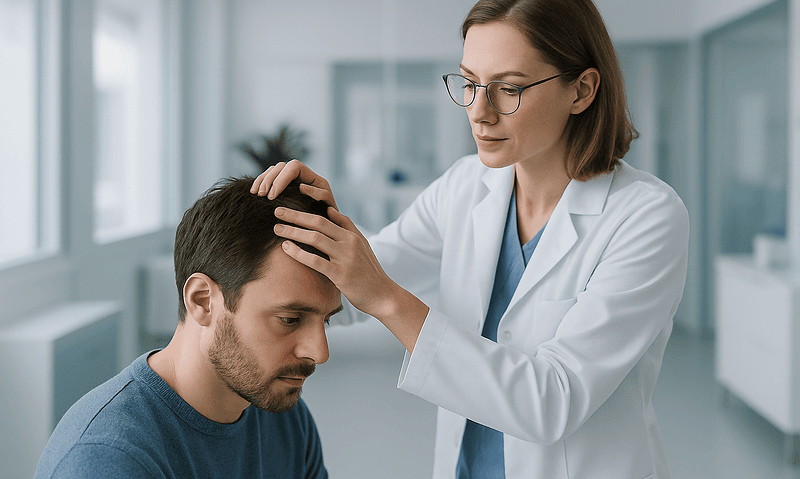 Doctor examining a patient's scalp in a medical clinic.