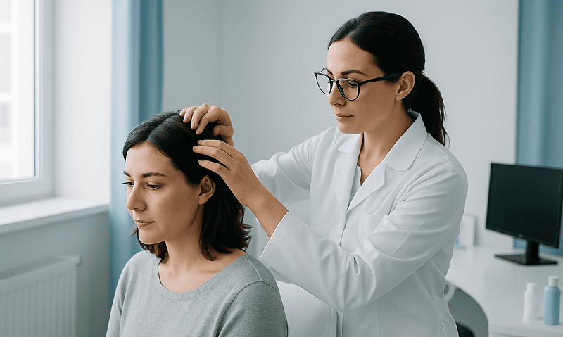 Doctor examining woman's scalp in a clinical setting.