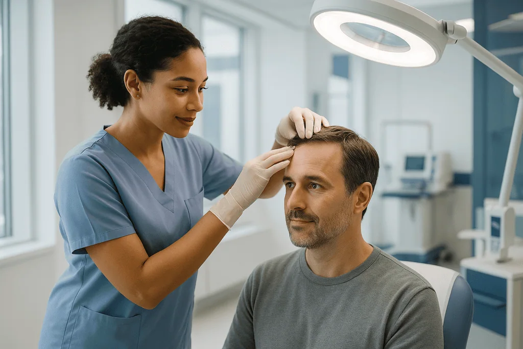 Hair Transplant in Turkey: Treatment Guide 1 Medical professional examining patient's scalp in a clinical setting.