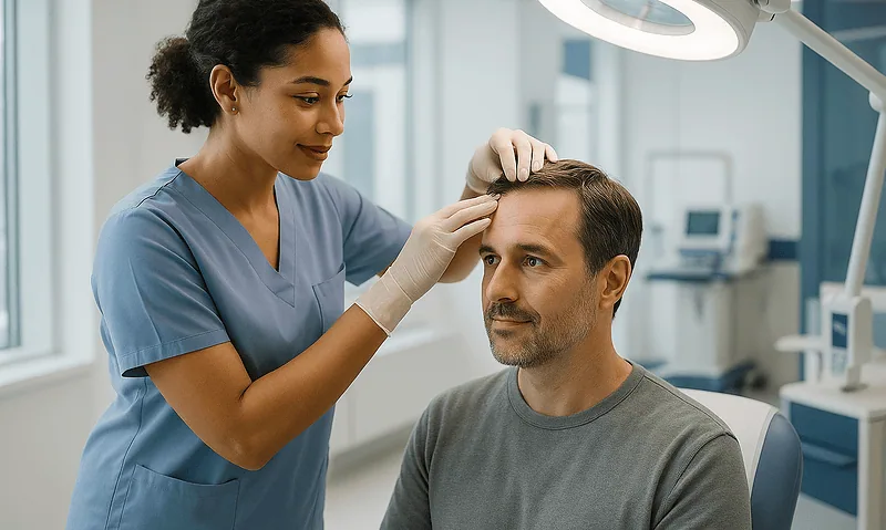 Medical professional examining patient's scalp in a clinical setting.