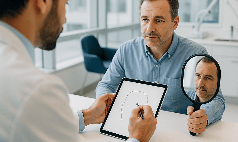 Doctor consulting with patient about hair transplant options in a modern clinic.