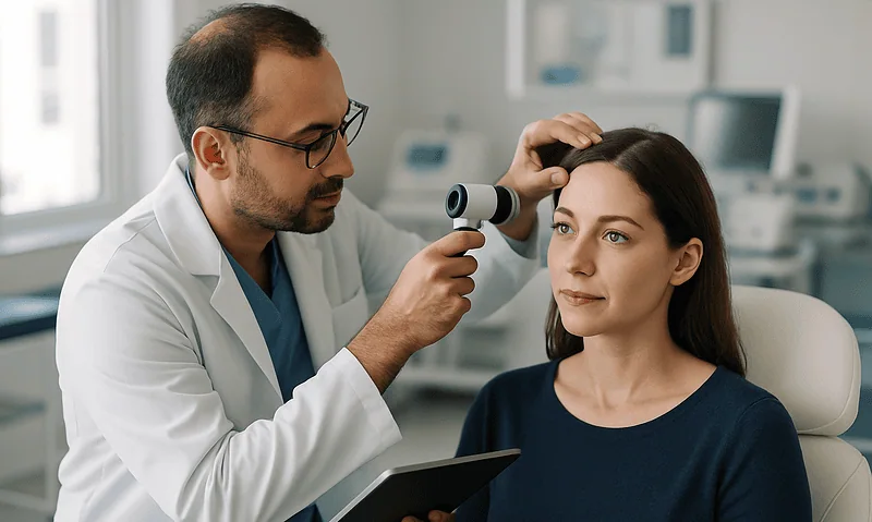 Doctor examining woman's scalp after hair transplant procedure.