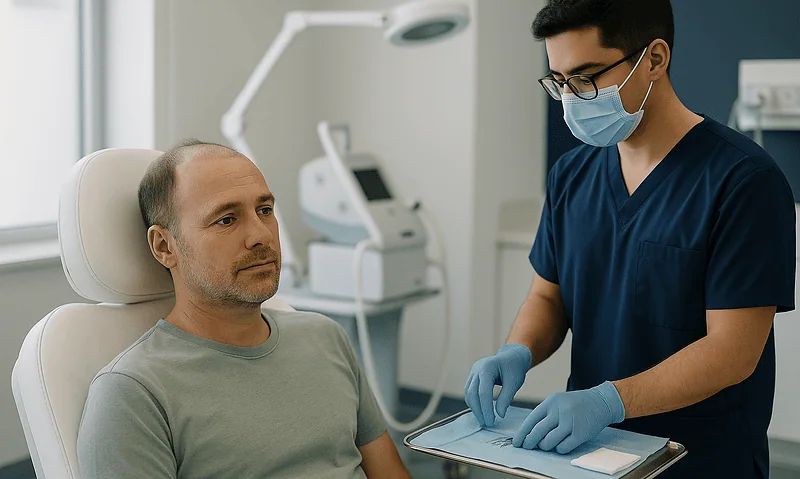 Patient consulting with doctor in a medical clinic setting.